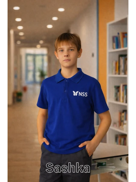 Поло для хлопчика синє з логотипом школи NSS, розмір 116-188